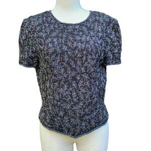 Papell Boutique Evening Vintage 1990's Black & Silver Beaded Silk Top Size M